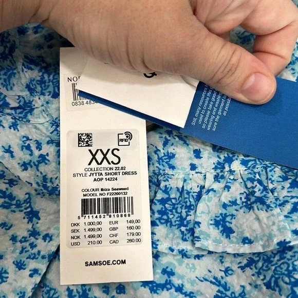 Samsoe Womens Jytta Short Dress XXS Blue Floral Cottage Ruffle Collar Cotton NEW